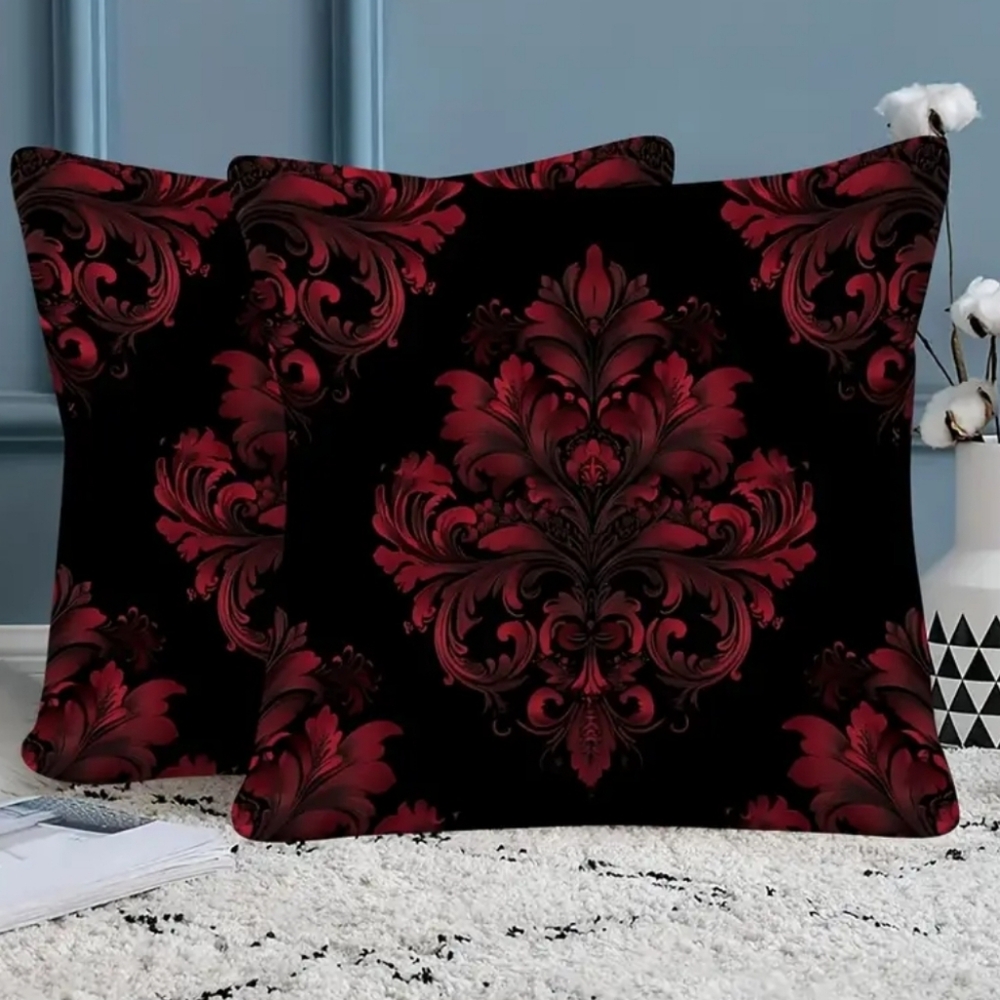 🐎NEW! Set Of Crimson And Black Damask Pillow Covers 18x18 - Picture 2 of 5